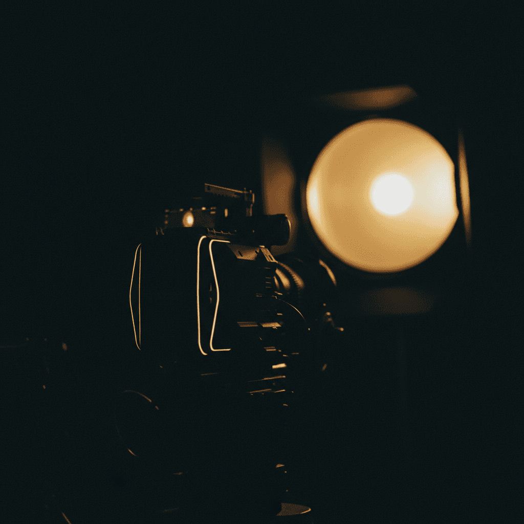 Cámara de cine con rim light dorado en set premium
